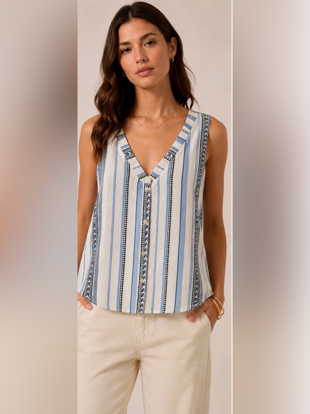 Anthropologie MINE Blue Striped Sleeveless Button Back Top Size M